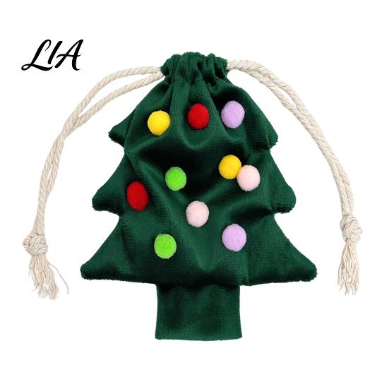 Reusable Xmas Tree Decorations Christmas Drawstring Gift Bag, Plush Pom Bell Hanging Velvet Bags for Candy Ornament, Pouch Decor Holiday Door