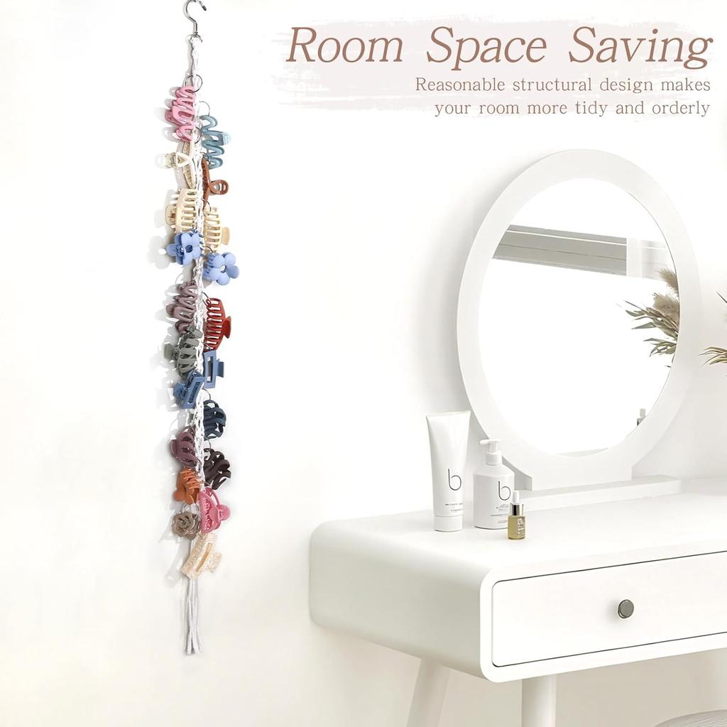 SNOWSTAR Macrame Hair Claw Clip Organizer with Rotating Hook and 20 Metal Rings,Hanging Hair Clip Holder and Storage for Women Girls,Claw Clips