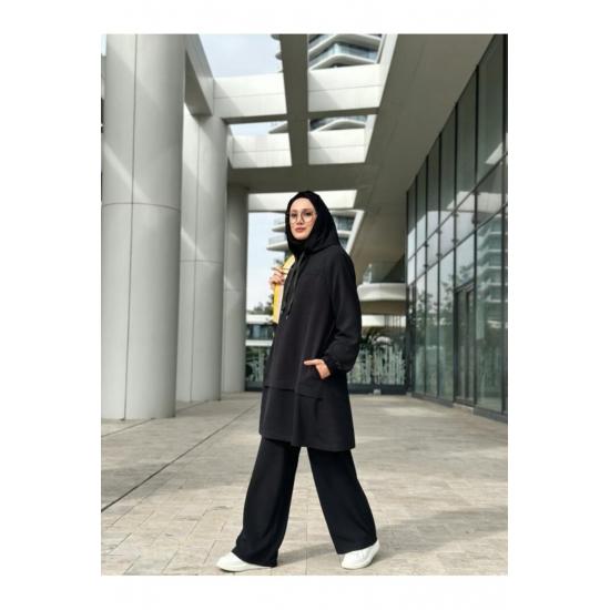 Women's Hooded Zippered Sleeves Elastic Wide Leg Pants Suit