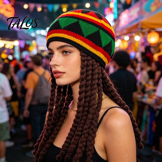 Bequemer Perückenhut Stretch-Barett Unterhut, Nicht-Druckausübender Weicher Gestrickter Elastischer Böhmischer Straßenstil Regenbogenfarbe Faltbar für Festivals