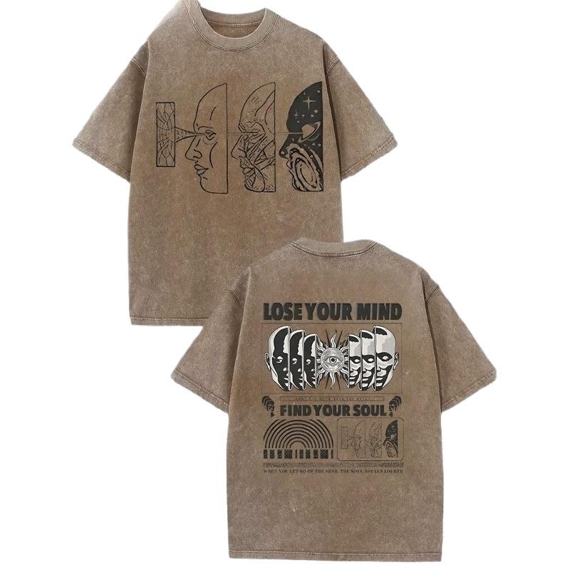 

Segmented Abstract Face lost Mind and finding the Soul Printed Men s Street Style Distressed Washed 230g Cotton T-shirt, Suitable for Holidays 5XL дубильна кора