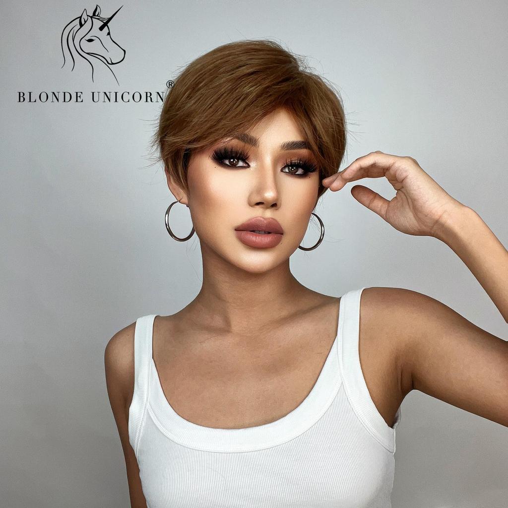 BLONDE UNICORN 8 inch Short Straight Hair Wigs for Women Ladies Ombre Brown Heat Resistant Synthetic Wigs