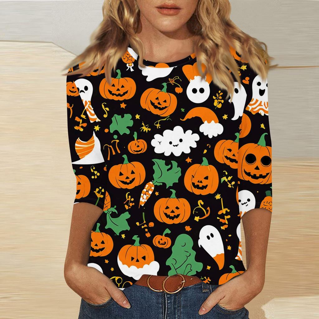 Women's Fashion Casual Three-quarter Sleeve Halloween Printed Round Neck Top