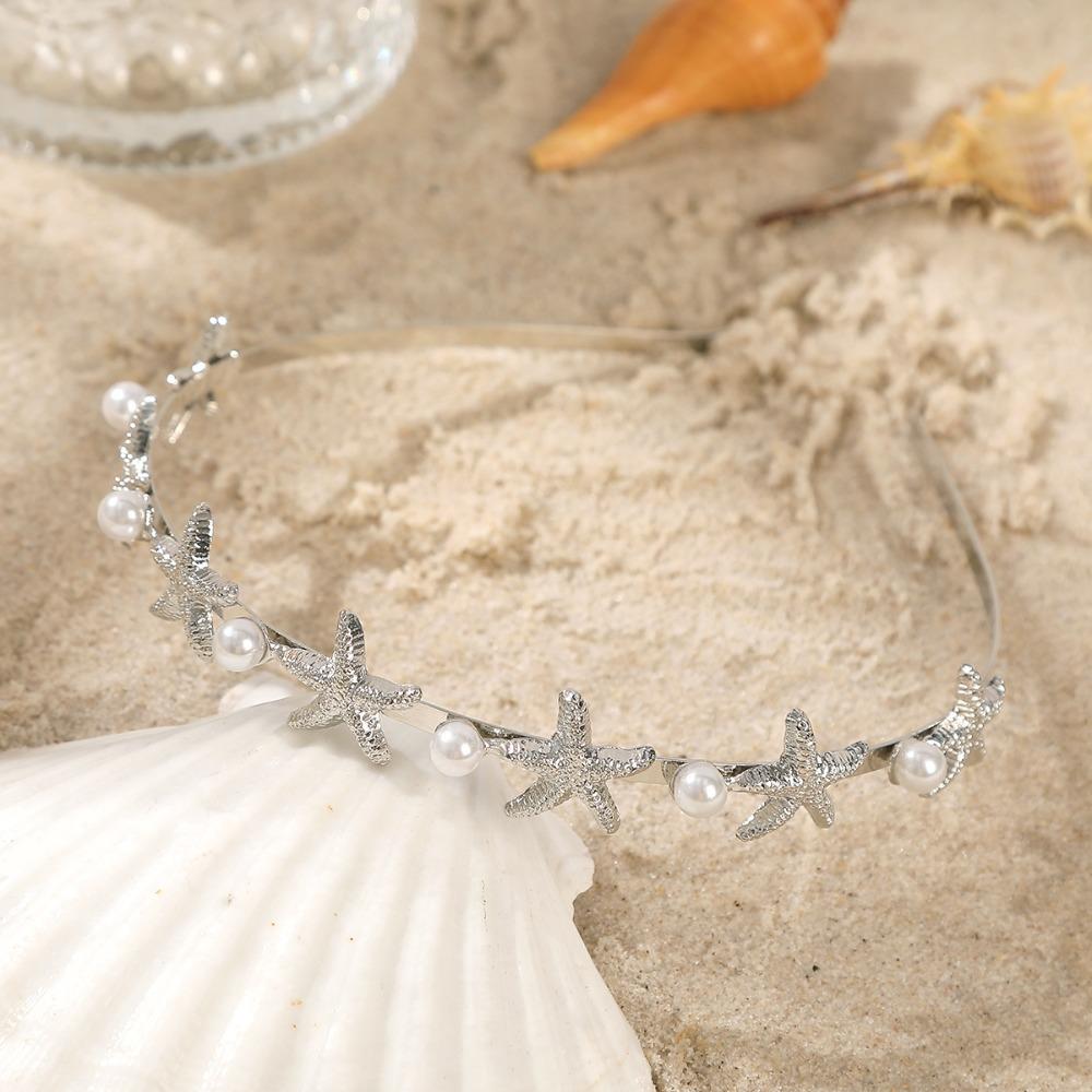 Irregular Starfish Shell Headband Silver Pearl Hair Hoop Korean Headpiece Metal Hairband  Vacation Style 4