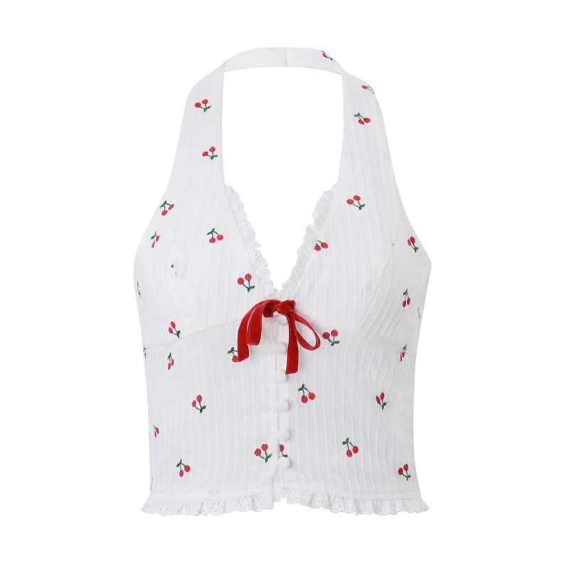 

Elsa Fashion Style Women s Summer New Arrival Fashion Sweet Sexy V-neck Halter Cherry Print Wooden Ear Vest White(White) L