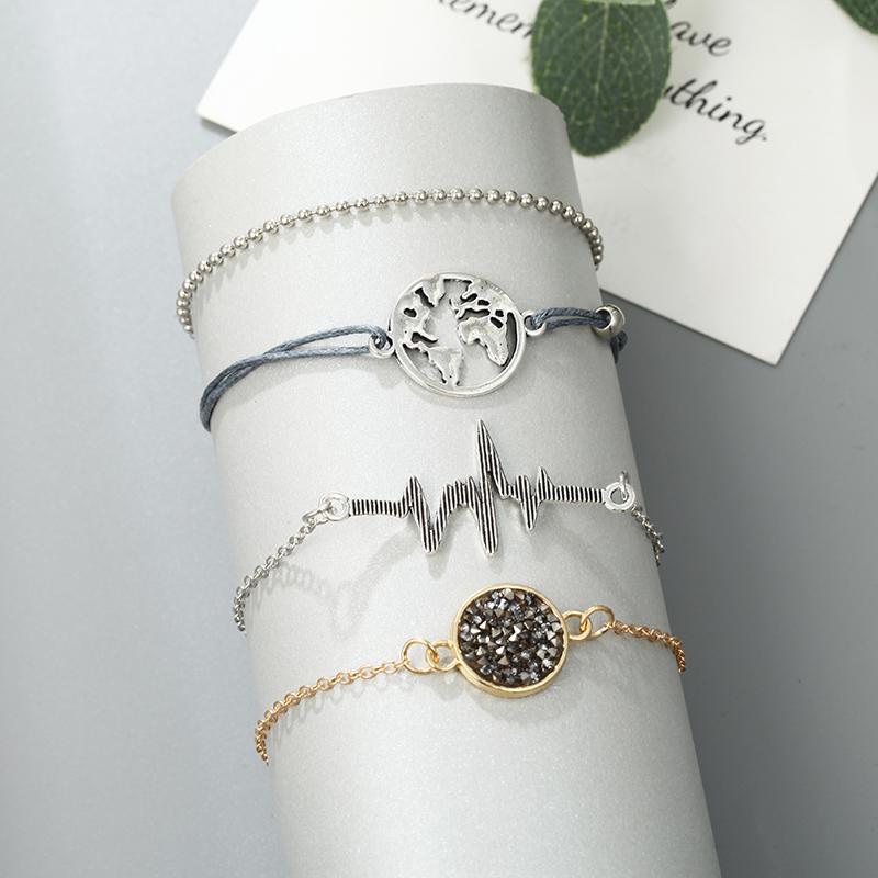 5 Pcs Charm World Map Bracelet for Women Fashion Heartbeat Electrocardiogram Round Stone Beads Love Heart Braceles Set for girls