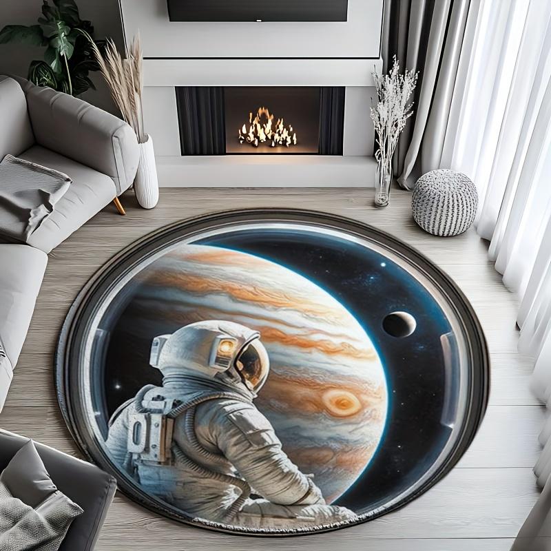 Flannel Printed Astronaut Viewing Jupiter Round Rug Indoor Carpet for Living Room Bedroom Anti Slip Soft Floor Mat Space Theme