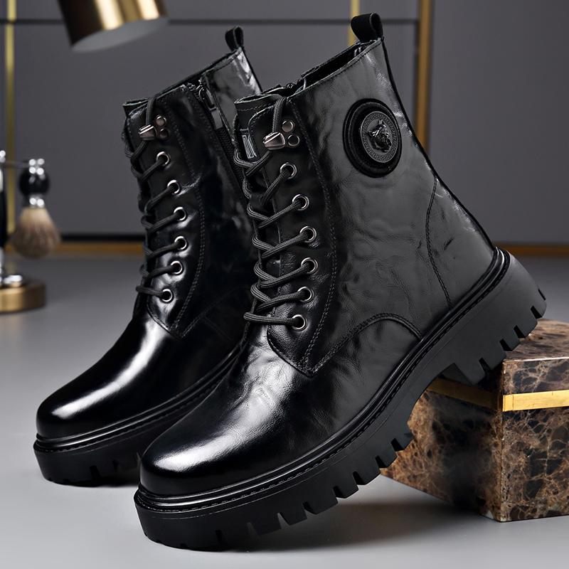 Genuine Leather Platform Boots High Top Motorcycle Shoes  Fashion Punk Mid-Calf Boots Luxury Brand Mens Winter Plush Snow Botas