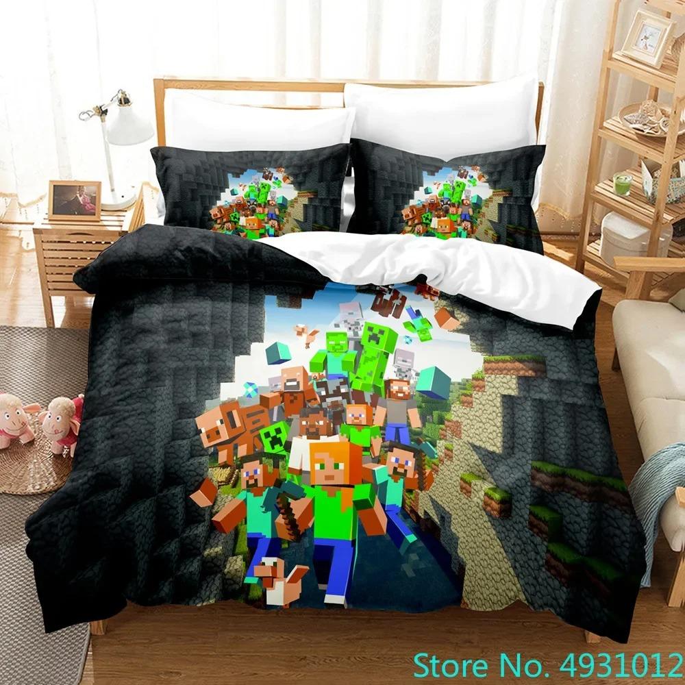 3D Cartoon Minecraft Duvet Cover for kids,Game Simulated World Bedding Set,Duvet Cover Pillowcases with Zipper Youth Kids Gift