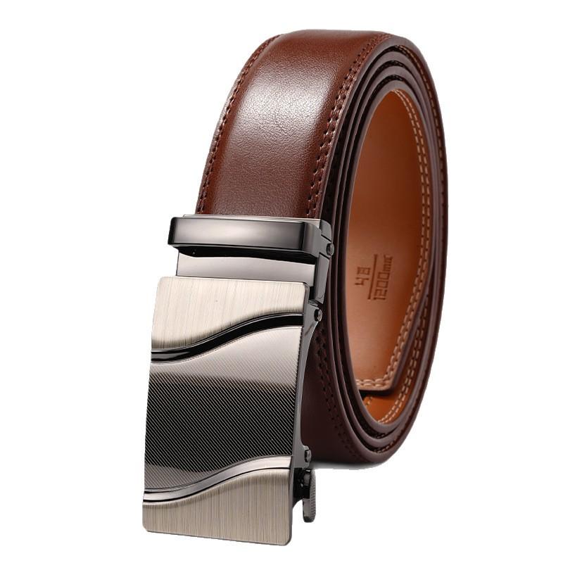 Genuine Leather Men's Automatic Buckle Cowhide Belt Alloy Buckle Business Casual Trousers Belt Middle Aged and Young People's Belt New