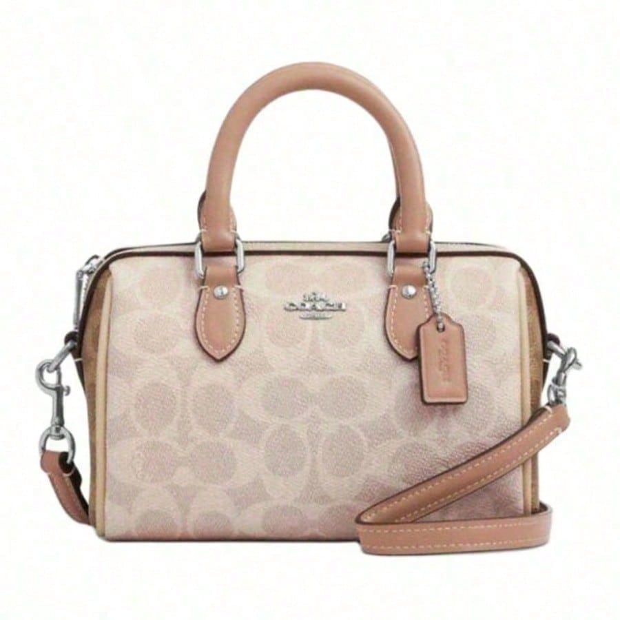 

COACH Rowan 18, with brand logo, detachable shoulder strap, PVC material, Boston bag, small size, women s style, milk tea color. розовый