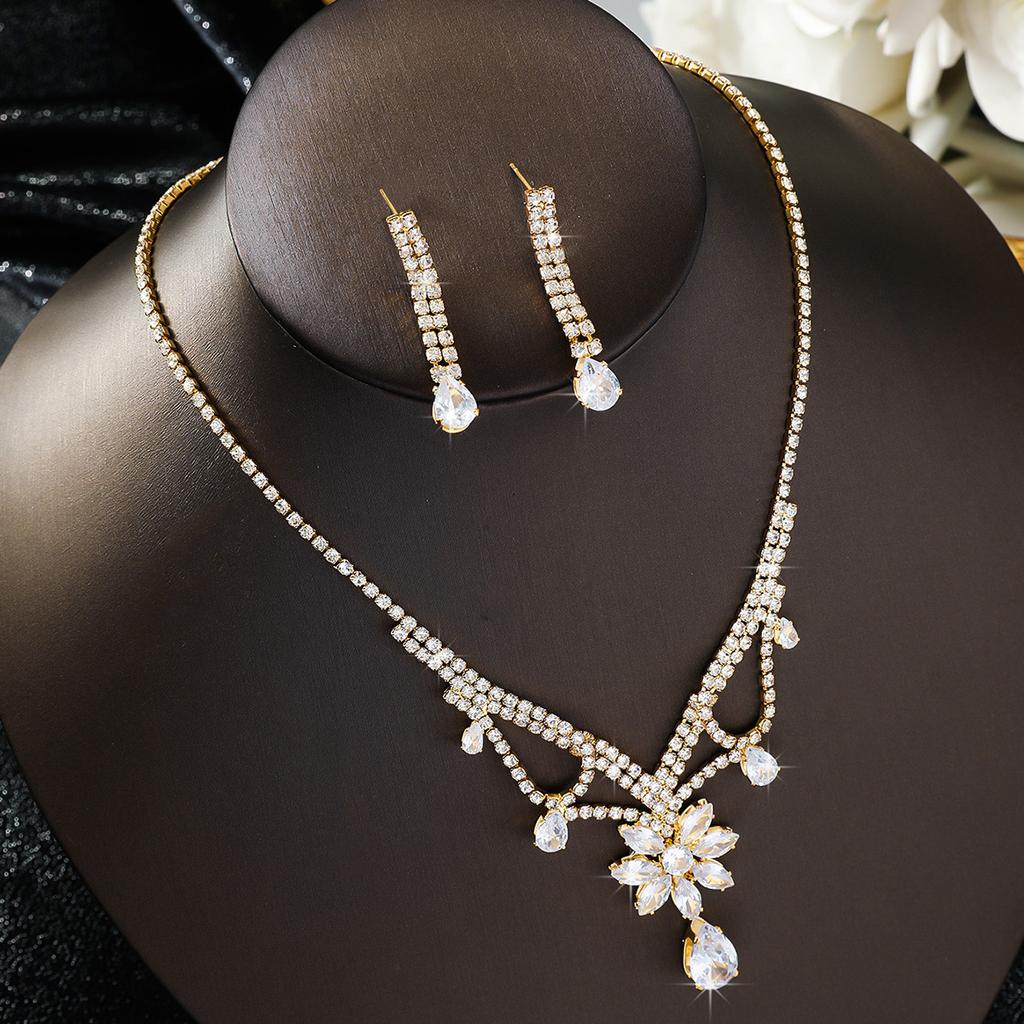 3PC Women's Fashion Water Diamond Flower Drop Necklace Earring Set, Suitable for Wedding and Festival Gifts -8458