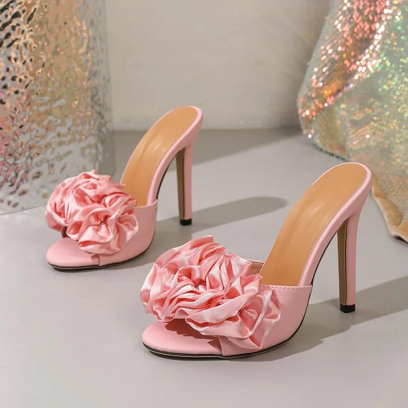 

Eilyken 2026 New Arrival Pink Satin Flower High Heel Slippers Women Square Toe Open Toe Slip on Mules Party Sandals 35 рожевий