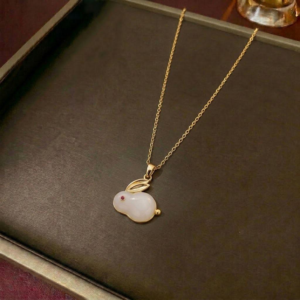 Women's Retro Zodiac Birthstone Moon Rabbit Necklace – Zircon Pendant for Valentine's & Qixi Festival