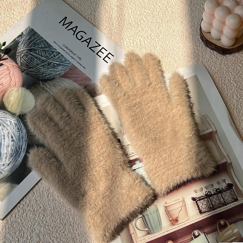 Winter Imitation Mink Velvet Five Finger Gloves Warm Cold-Proof Gloves Women Outdoors Cycling Solid Color Mittens
