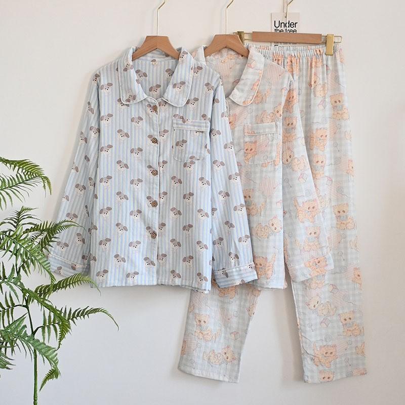 100% Cotton Gauze Pajamas Set Women Thin Breathable Long Sleeve Pants Loungewear