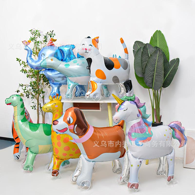 4D Djur Aluminiumfolieballong Med Hjul Stor Tredimensionell Elefant Kreativ Rullande Ballong Ståndleksak Festdekoration