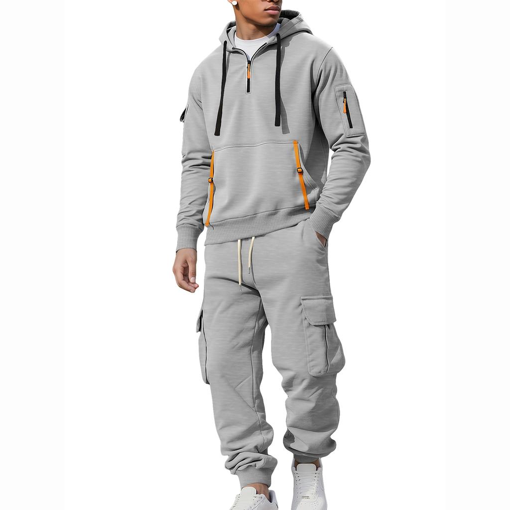 Men's Zip Hoodie Sweatshirt and Multi-Pocket Work Pants Casual Outfit Set