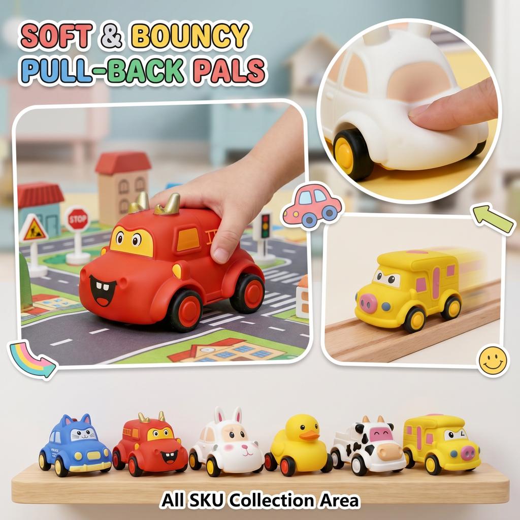 Educational Pull Back Toy Car with Soft Body and for Kids