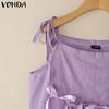 VONDA Women Summer Strap Sleeveless Bow Knot Pleated Casual Tank Tops
