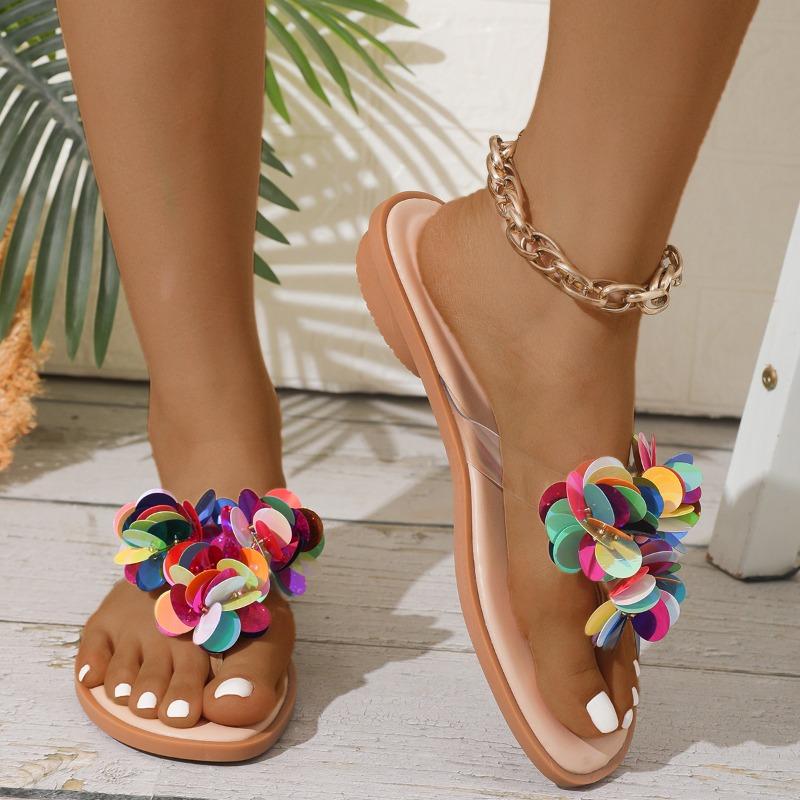 Fashion Summer Colorful Sequins Decorated Women Flip-flops Light Comfortable Low Heel Slippers for Women Beach Sandals Bohemian Slippers