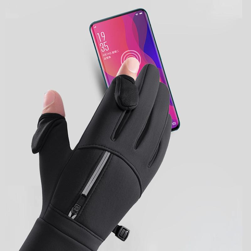 Winter Cycling Gloves Windproof Men Women Touchscreen Warm Gloves Motorcycle Water-Repellent Zipper Pocket Fingertip Flip Gloves