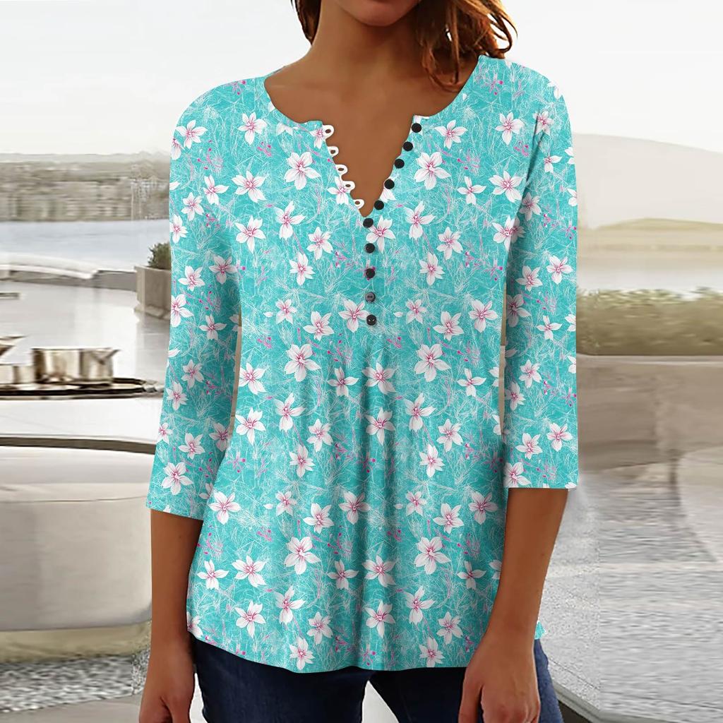 Women's Fashion Casual Pullover T-Shirt 3/4 Sleeve Printed Top