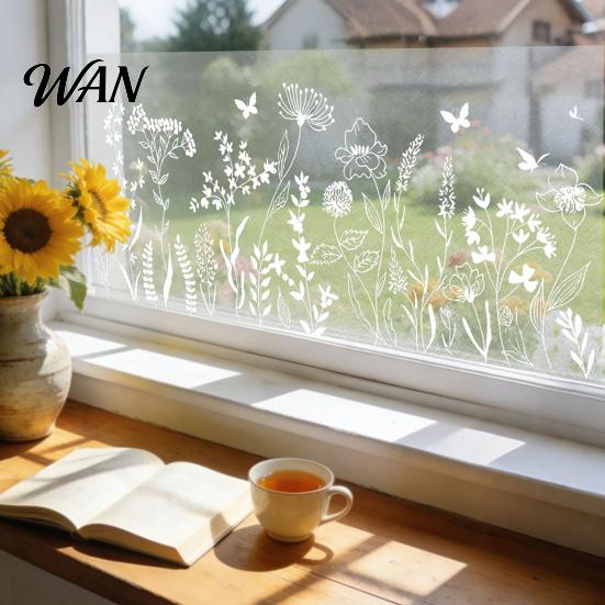 Privacy Window Film Frosted Flower Static Glass Sticker Floral Plants Decorative Cling Decal Waterproof UV Sun Blocking Cover for Home Office Kitchen