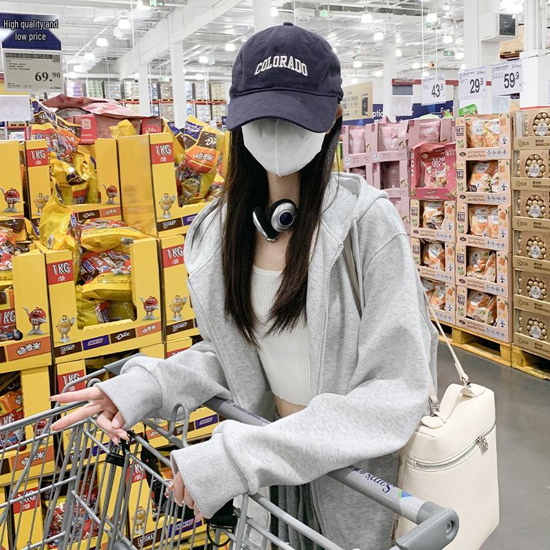 Women's Petite Gray Hooded Sweatshirt - Slimming Sporty Spring Cardigan Top