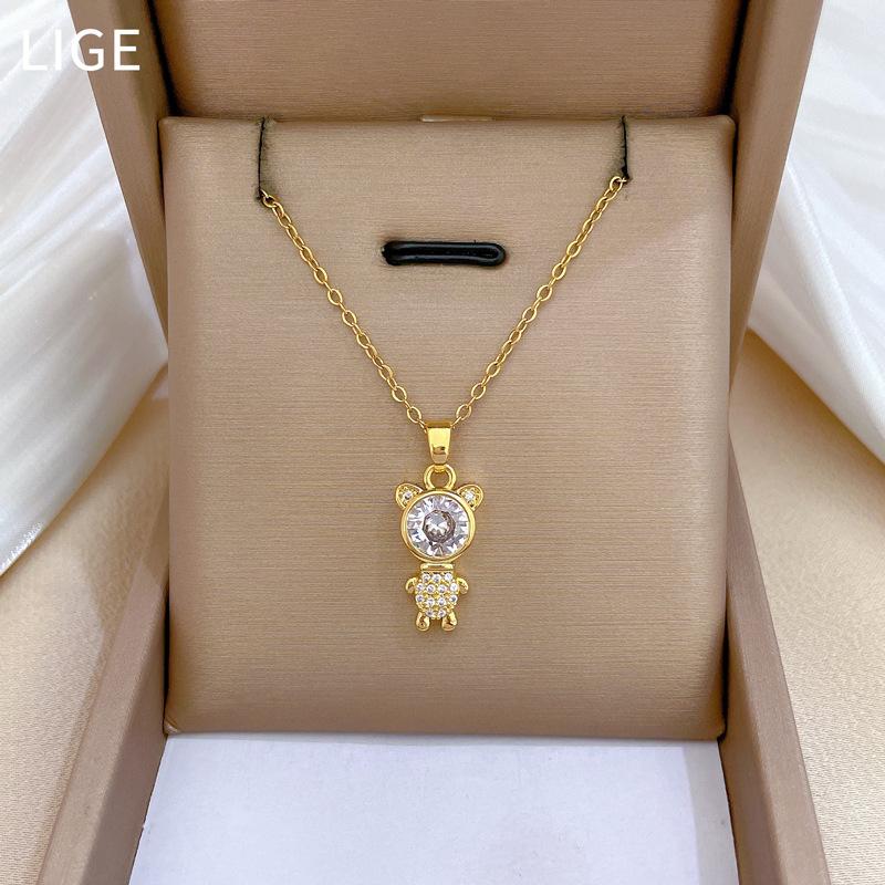 Three-Dimensional Fashion Bear Light Luxury Temperament Gorgeous Full Diamond Necklace Women'S Versatile Collarbone Chain Titanium Steel Chain
