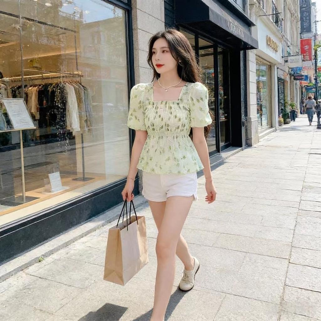 Princess short square collar coffee break light color new flared sleeves slim slim and sweet French casual short-sleeved top women