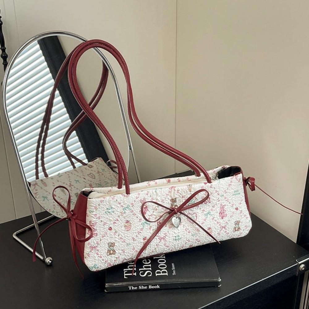 Pleated French Stick Handbag Plaid Cloth Underarm Bags Fashion Bow Shoulder Bag  Daily