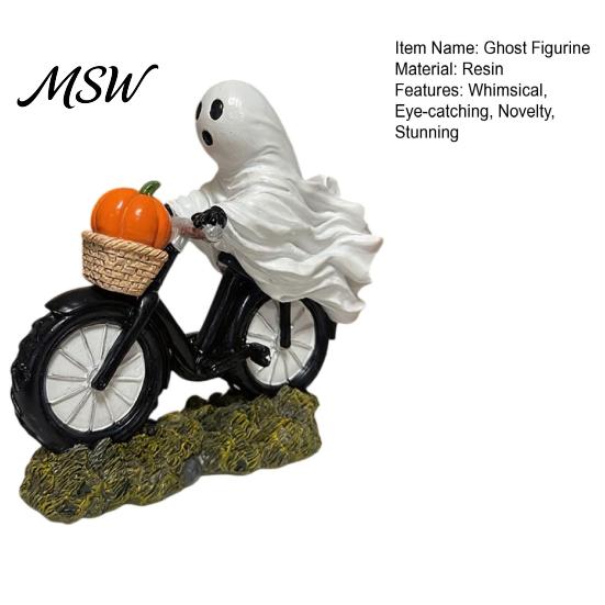 Ghost Figurine for Halloween Decoration Riding Motorcycle Figurine, Novelty Rider Resin Cute Bicycle Statue with Pumpkin Indoor Home Desk Tabletop