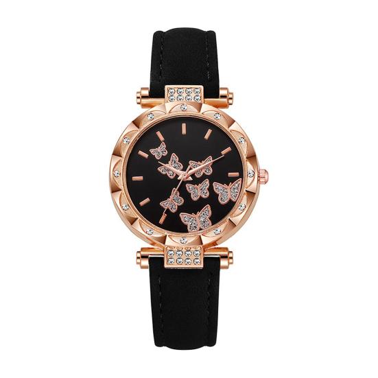 Ladies Butterfly Watch Artificial Leather Strap Quartz Watch Rhinestone Round Dial Fashionable Wristwatch for Women Party Office Date