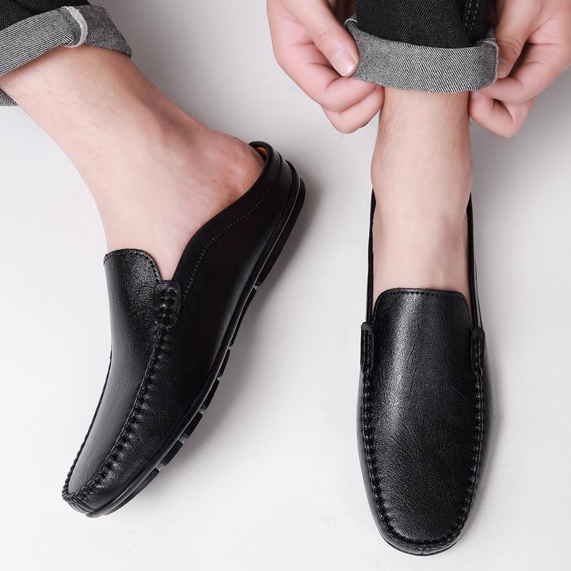 Fashion Casual Outdoor Mules Walking Shoes Lightweight Male Comfortable Loafers Men Casual Half Drag Men's Genuine Leather Slip-On Flats