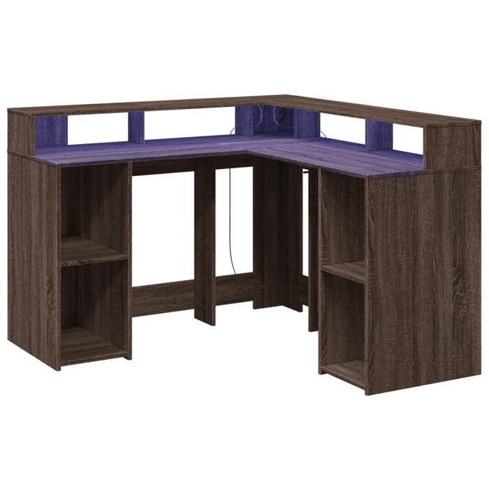 VidaXL Bureau et lumières LED chêne marron bois d'ingénierie, bureau d'ordinateur, bureau d'écriture, meuble de bureau à 3309453