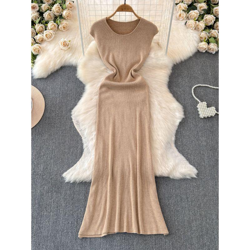 2024 Summer New Arrival Temperament Crew Neck Sleeveless Stretch Waist Hip-Lifting Knitting Dress Mermaid Dress Sheath Dress for Women