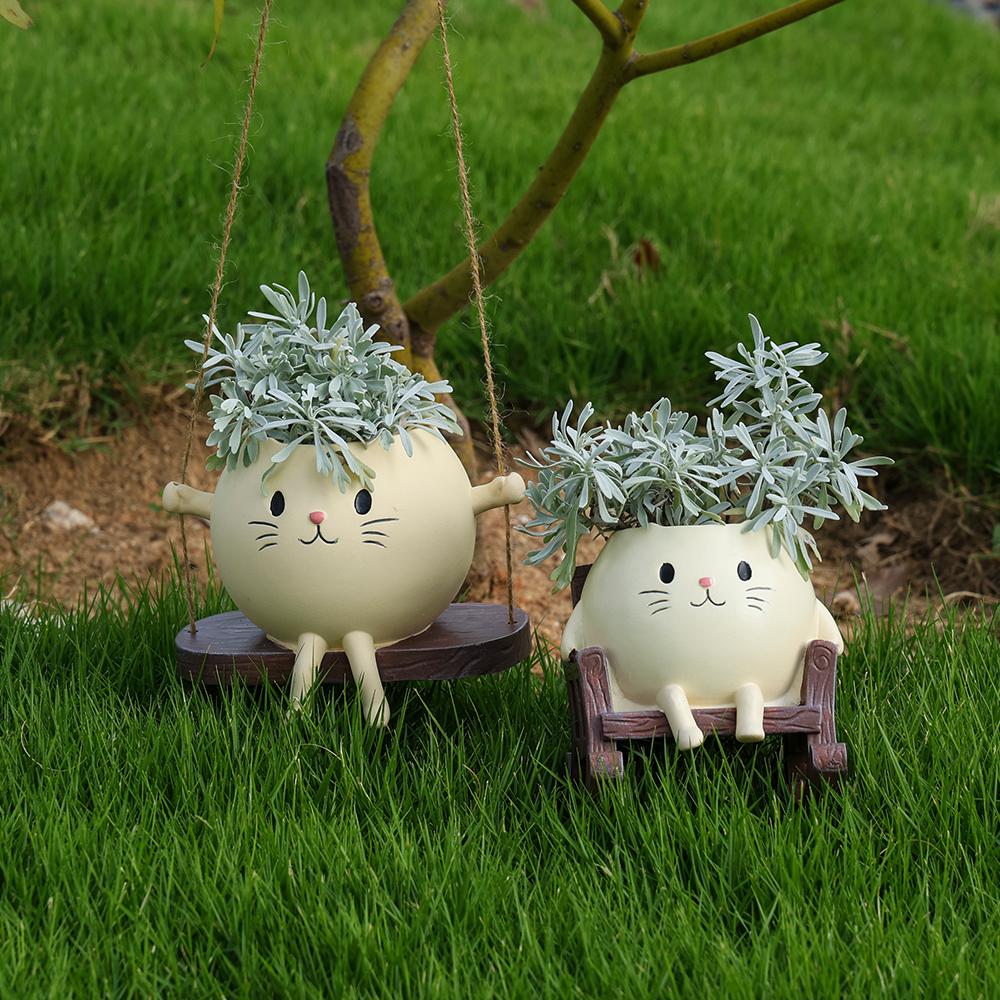 Cute Resin Cat Planter Rocking Chair Style Hanging Kitten Planter Home and Garden Decorative Pot