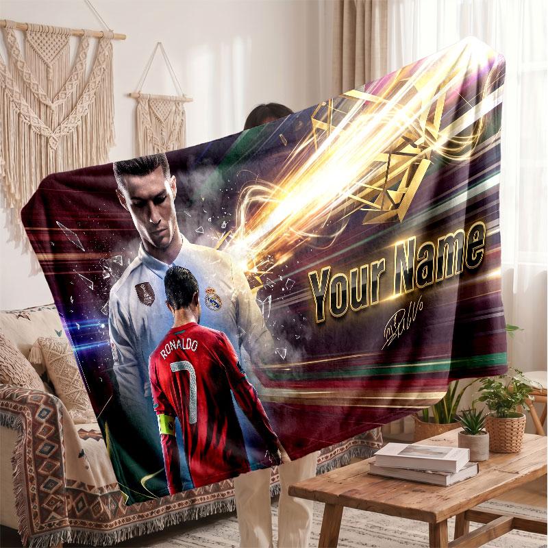 Cristiano Ronaldo Personalized Fleece Blanket With Football Logo, Custom Name Text Soft Warm Home Throw Blanket