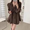 2026 Early Spring Korean V-neck Lace-up Puff Sleeve Chiffon Blouse