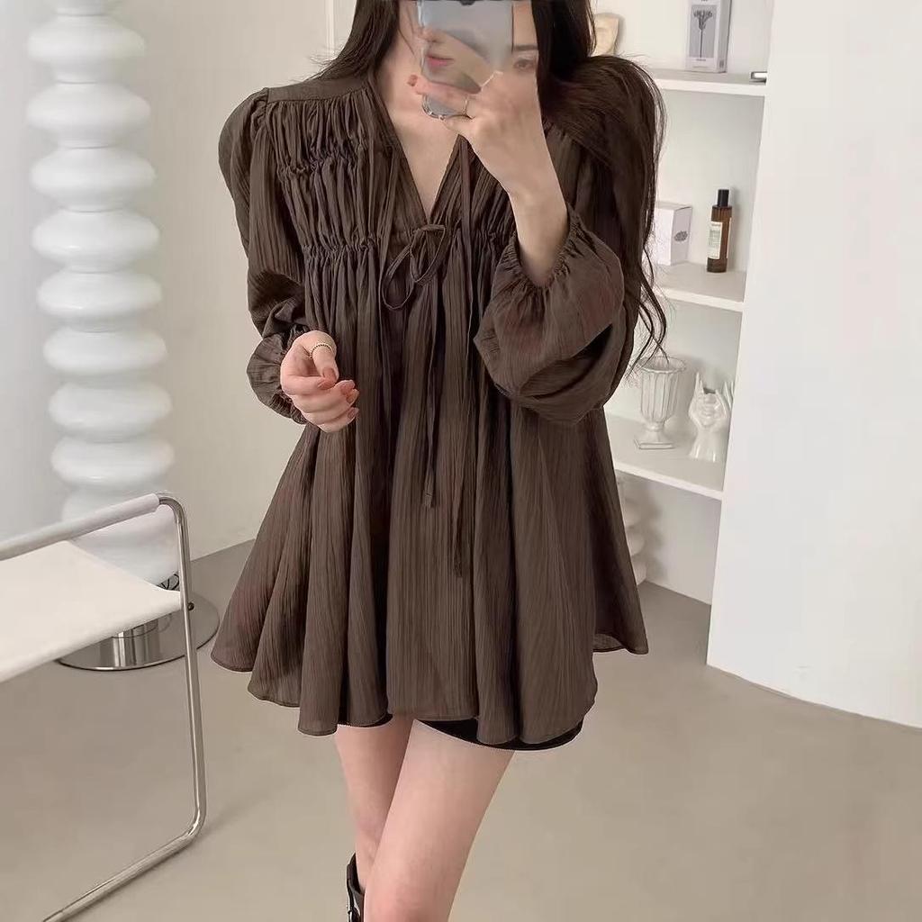 2026 Early Spring Korean V-neck Lace-up Puff Sleeve Chiffon Blouse