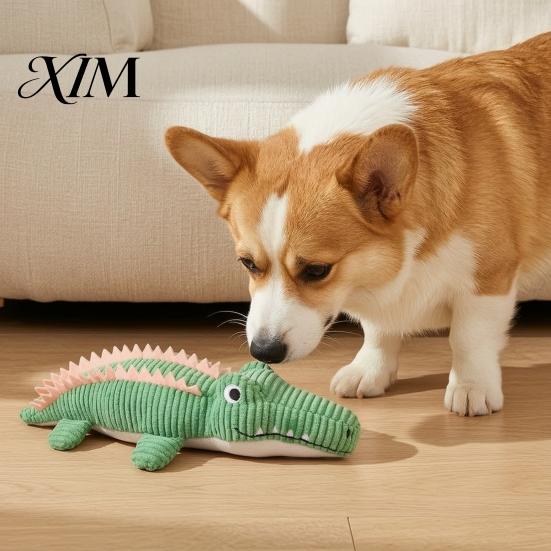 Interactive Play Toys for Indoor Outdoor Use Corduroy Crocodile Dog Toy, Squeaky Plush Chew Soft Puppy Teething Stuffed Animal Small To Medium