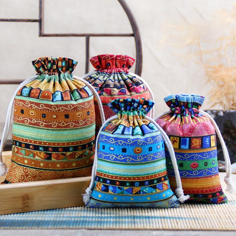 1/10PCS Ethnic Style for Weddings Christmas Stripe Buddhist Beads Sorting Bag Drawstring Pocket Bag Bohemian Jewelry Bag Cotton
