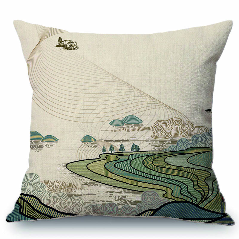 Traditional Chinese Ink Oil Painting Mountain Scenery Cotton Linen Sofa Throw Pillow Case Home Decoration Car Cushion Cover Case