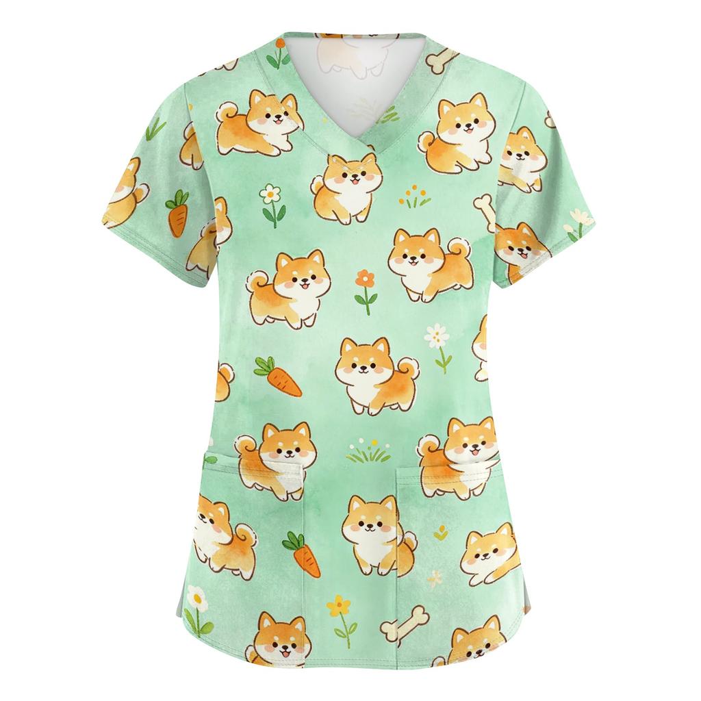 Women V Neck Short Sleeve Work Shirt with Pockets Animal Print Top for Healthcare Professionals Nurses Veterinary Staff