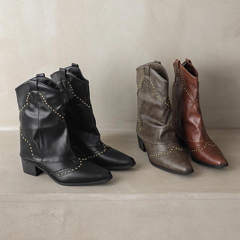 2024Autumn/Winterside Zipper Over Knee Boots High Heel Round Head Abrasive Leather Thick Heel Large Size Zipper Thigh-high Boots