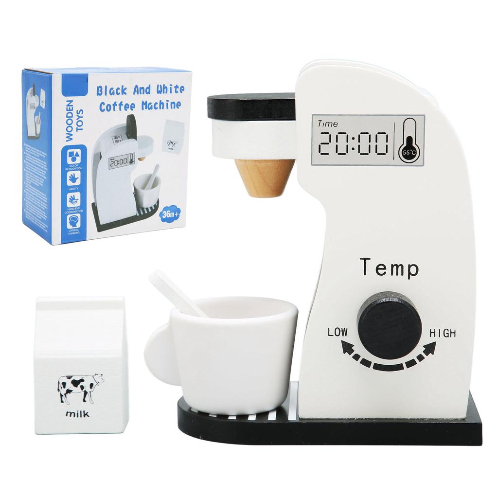 Kids Coffee Maker Playset Black White Rounded Edges Educational Wood Vivid Toddler Kitchen Playset f