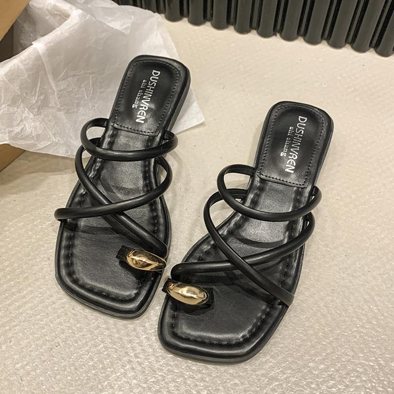 

Fashion Aphixta Metal Buckle Dec Women Flip Flop Summer Beach Slippers Narrow Band Slide Sandals Candy Color Sweet Slippers Flat Sandals 35 чёрный