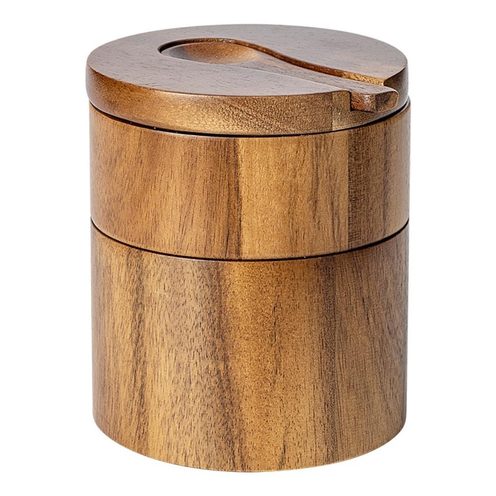 1PCS Acacia Wood Salt Shaker Spice Container Built-in Spoon Slot Condiment Box Kitchen Storage Modern Magnetic Lid Tool