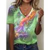 Fashionable Youth Women's Holiday V-Neck Tie-Dye Pattern Printed T-Shirt, Casual Short Sleeve Summer Loose Top